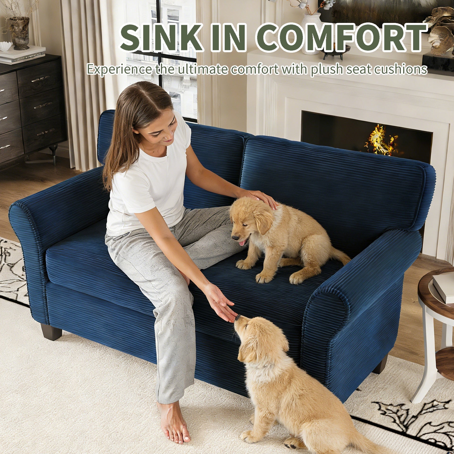 57" Modern 2-Seater Corduroy Sofa With Removable Backrest & Seat Cushions,Padded Armrests,High Rebound Sponge Filled with Solid Wood and Composite Frame,Easy Assembly For Living Room,Bedroom,Office.