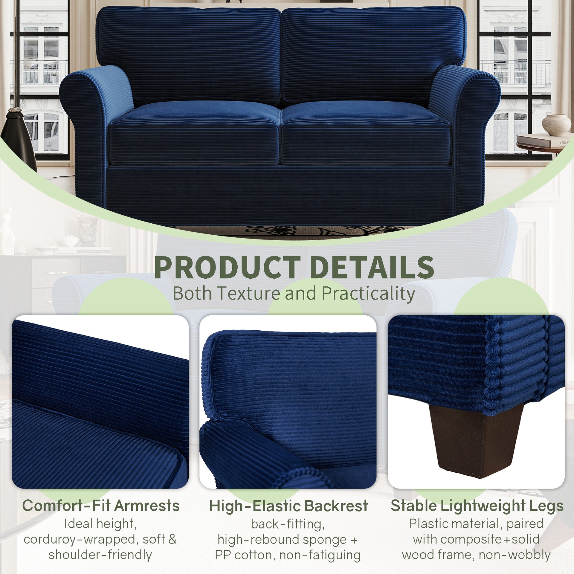 57" Modern 2-Seater Corduroy Sofa With Removable Backrest & Seat Cushions,Padded Armrests,High Rebound Sponge Filled with Solid Wood and Composite Frame,Easy Assembly For Living Room,Bedroom,Office.