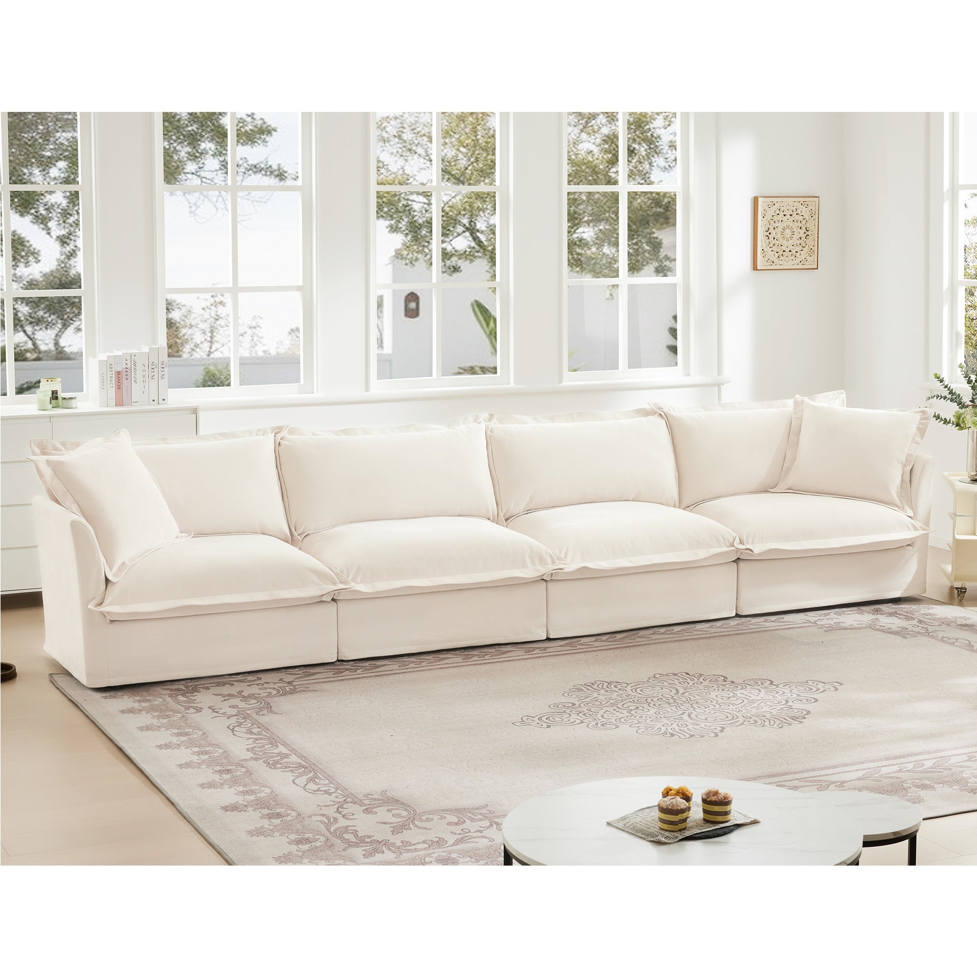 Slipcovered Long Sofa, 4 Seater Sofa with Removable Cover, Extra Deep Couch for Living Room, ,Chenille Fabric Cloud Like Comfy Sofa Couch, Cream Chenille Fabric