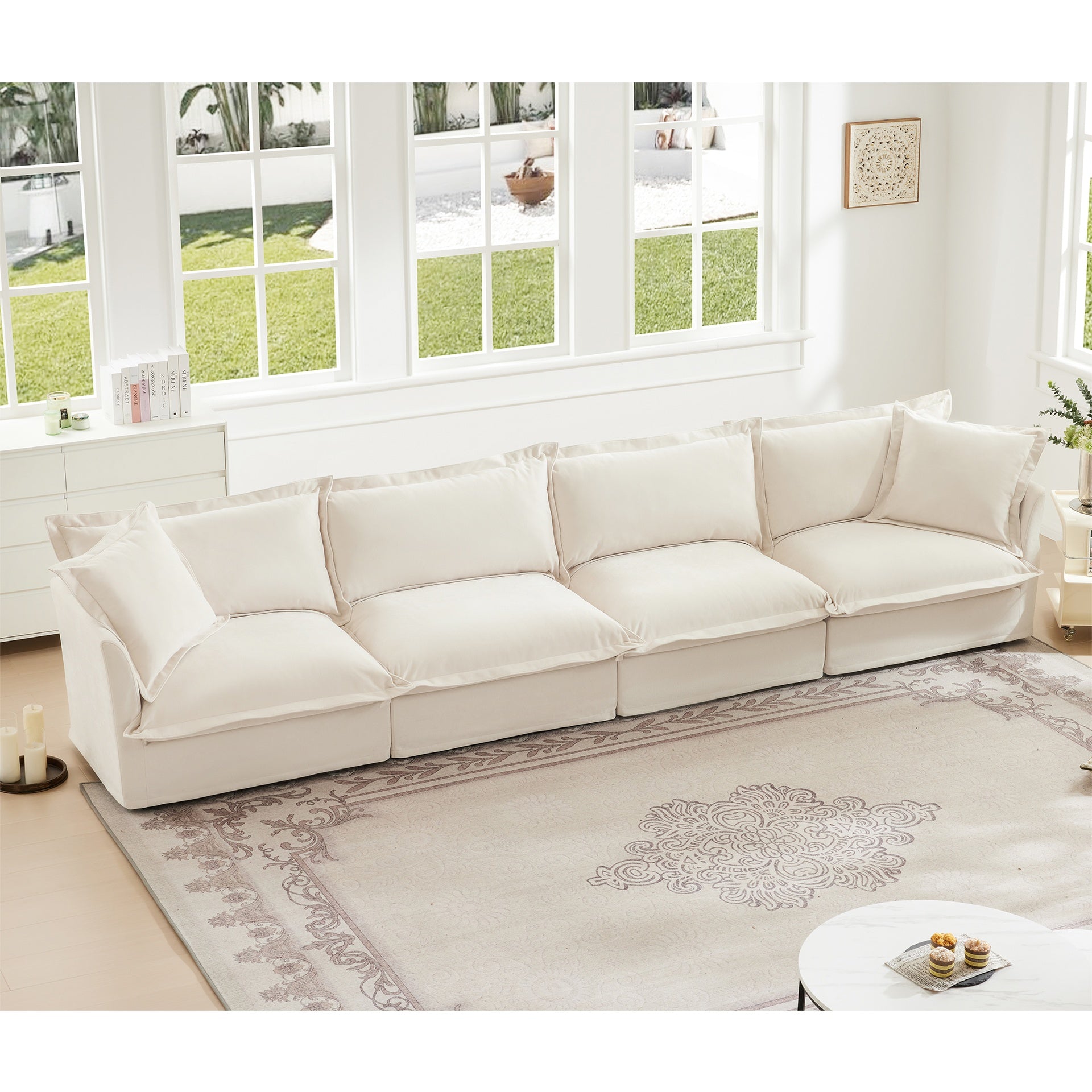 Slipcovered Long Sofa, 4 Seater Sofa with Removable Cover, Extra Deep Couch for Living Room, ,Chenille Fabric Cloud Like Comfy Sofa Couch, Cream Chenille Fabric