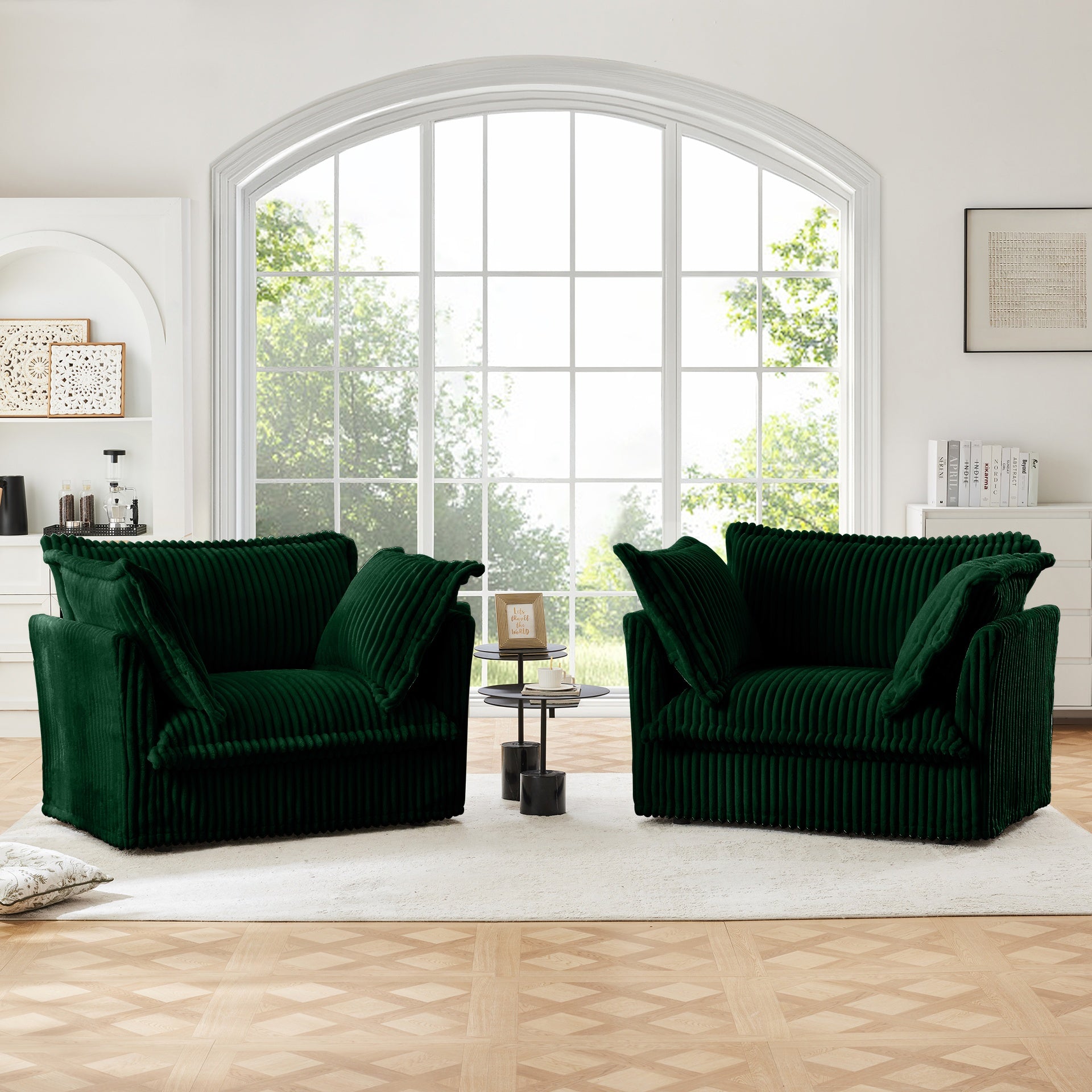 Set of 2 Slipcovered Armchairs,Deep Seat Accent Chair Set for Living Room, Reading Room, Bedroom and Working Spaces,Armchair Sets with Large Soft Pillows,Green Corduroy Fabric