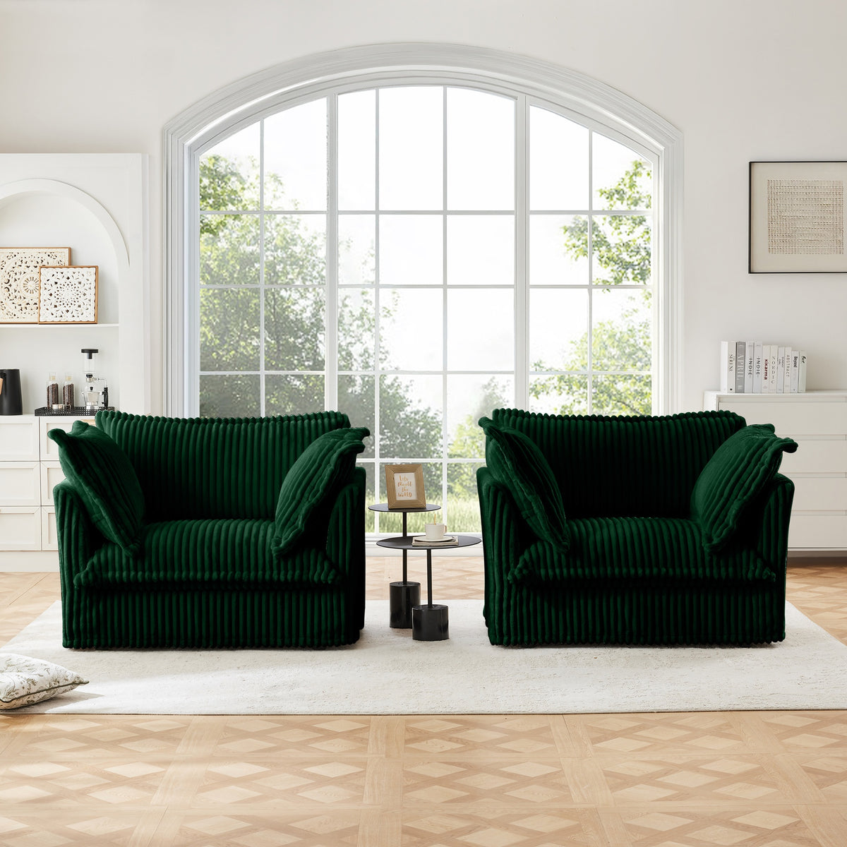 Set of 2 Slipcovered Armchairs,Deep Seat Accent Chair Set for Living Room, Reading Room, Bedroom and Working Spaces,Armchair Sets with Large Soft Pillows,Green Corduroy Fabric