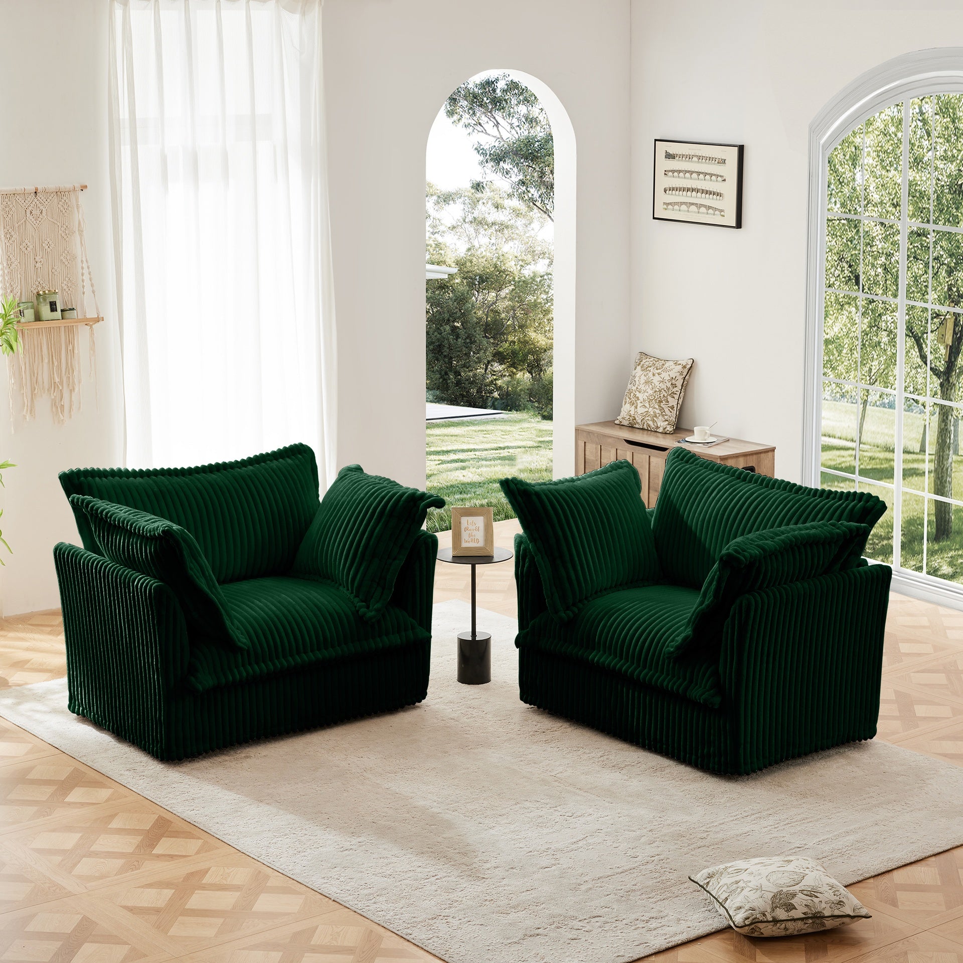Set of 2 Slipcovered Armchairs,Deep Seat Accent Chair Set for Living Room, Reading Room, Bedroom and Working Spaces,Armchair Sets with Large Soft Pillows,Green Corduroy Fabric