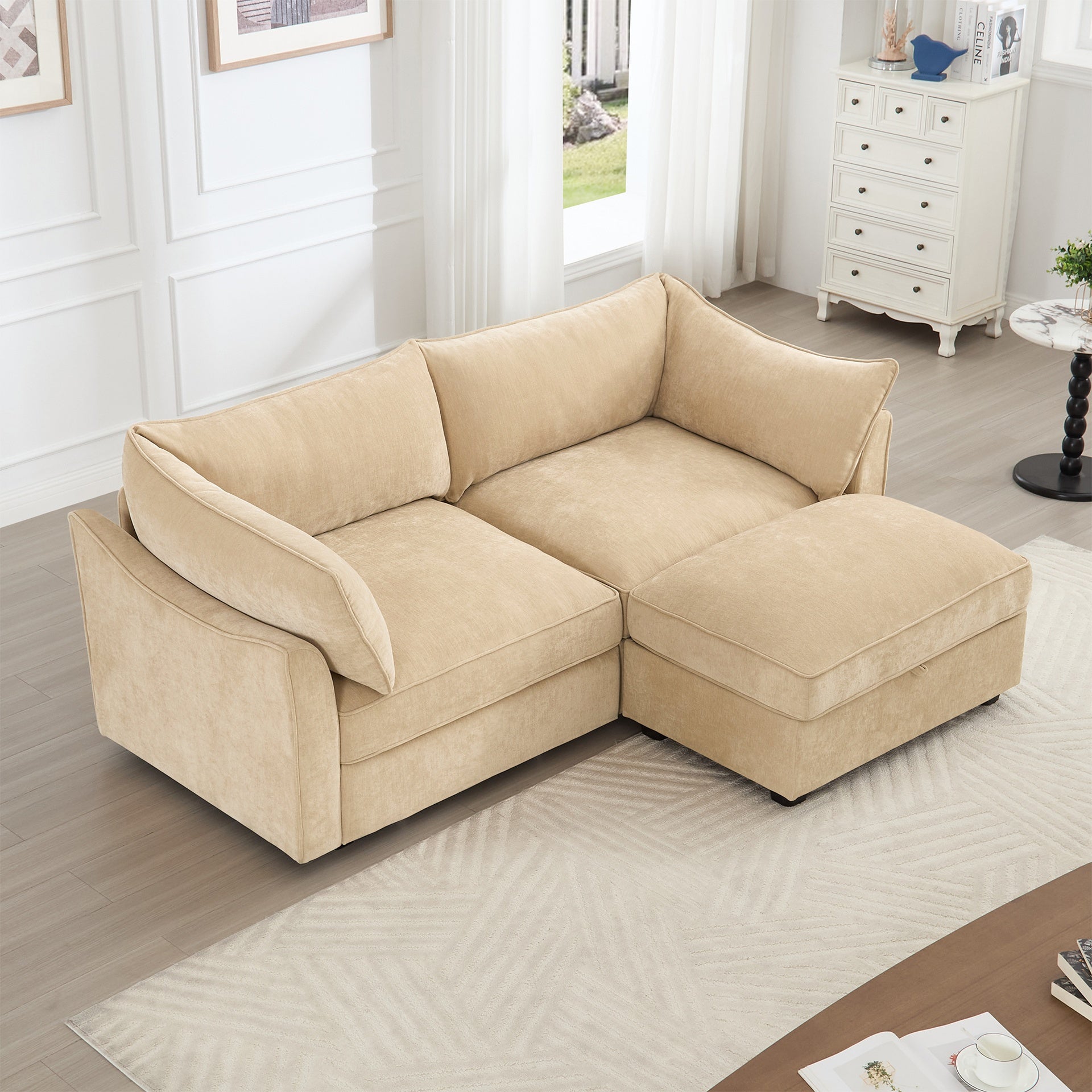 2-seater sofa with footstool – a 2-seater sofa accompanied by 1 movable storage footstool, crescent-shaped armrests, and wraparound back and arm cushions, chenille fabric, wheat colour.