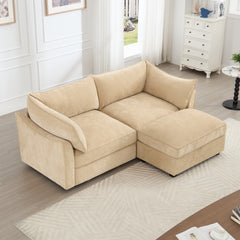 2-seater sofa with footstool – a 2-seater sofa accompanied by 1 movable storage footstool, crescent-shaped armrests, and wraparound back and arm cushions, chenille fabric, wheat colour.