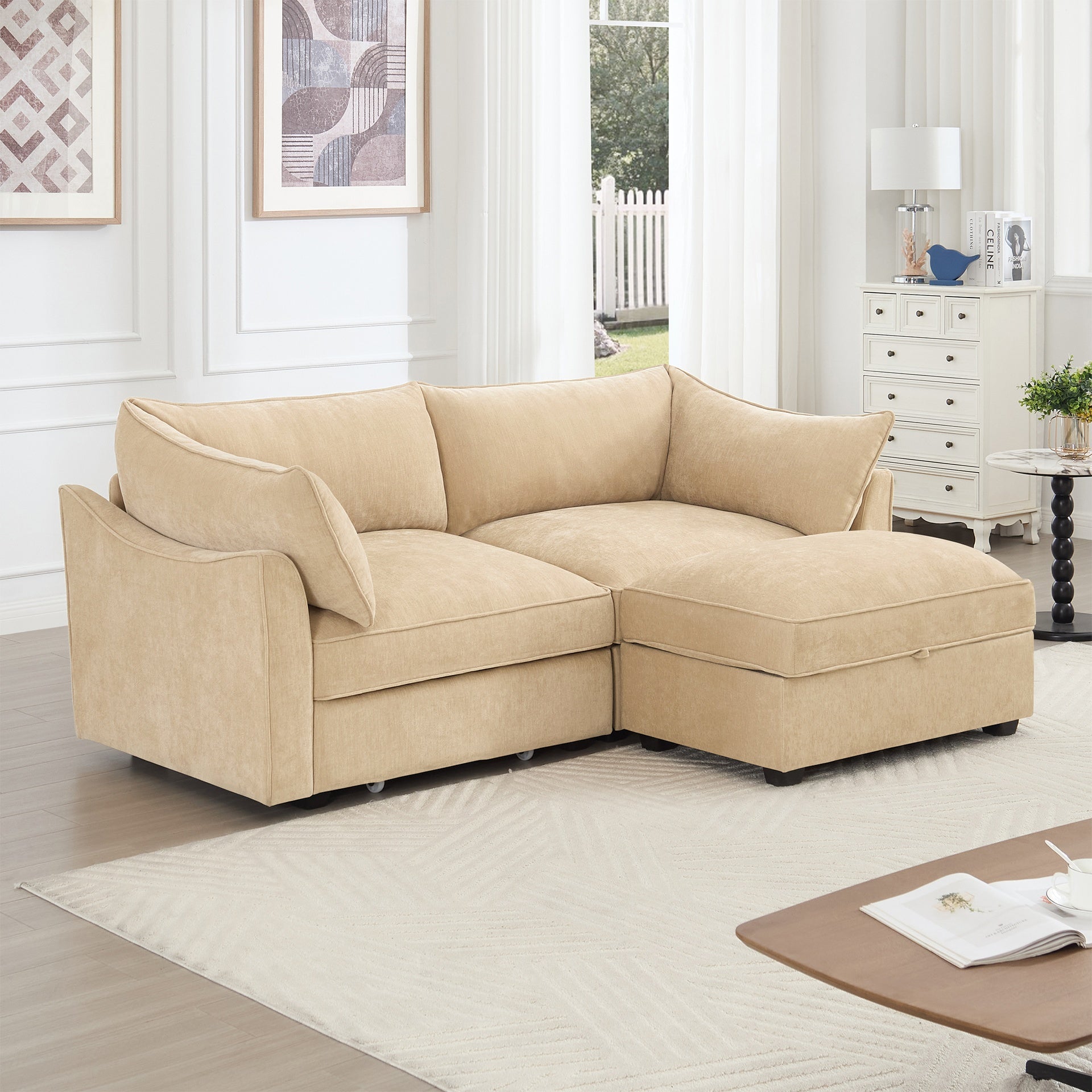 2-seater sofa with footstool – a 2-seater sofa accompanied by 1 movable storage footstool, crescent-shaped armrests, and wraparound back and arm cushions, chenille fabric, wheat colour.