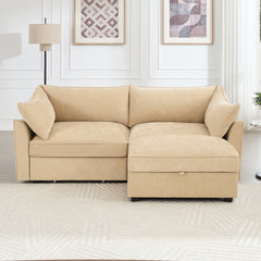 2-seater sofa with footstool – a 2-seater sofa accompanied by 1 movable storage footstool, crescent-shaped armrests, and wraparound back and arm cushions, chenille fabric, wheat colour.