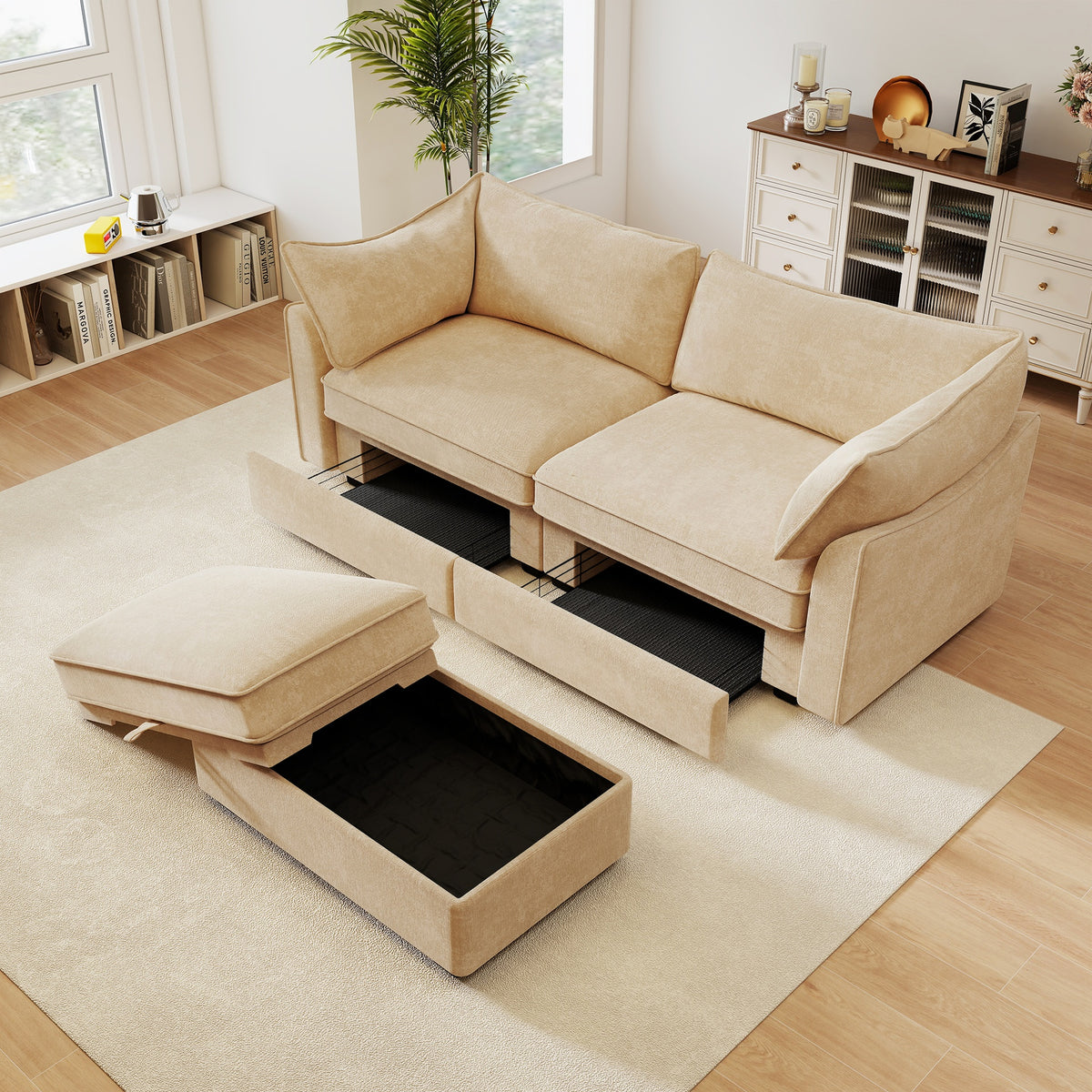2-seater sofa with footstool – a 2-seater sofa accompanied by 1 movable storage footstool, crescent-shaped armrests, and wraparound back and arm cushions, chenille fabric, wheat colour.