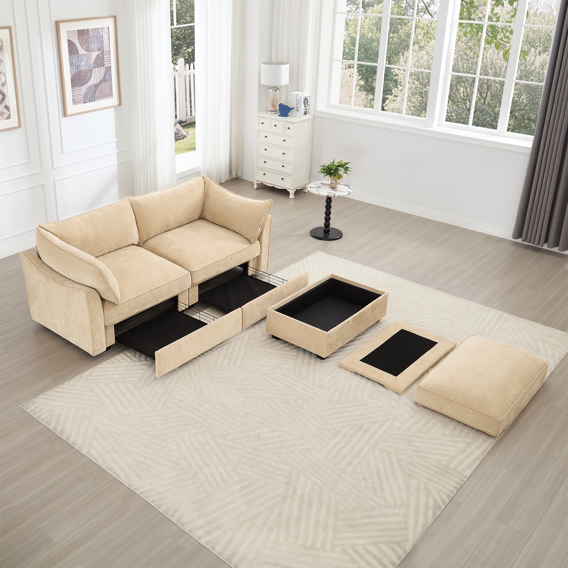 2-seater sofa with footstool – a 2-seater sofa accompanied by 1 movable storage footstool, crescent-shaped armrests, and wraparound back and arm cushions, chenille fabric, wheat colour.