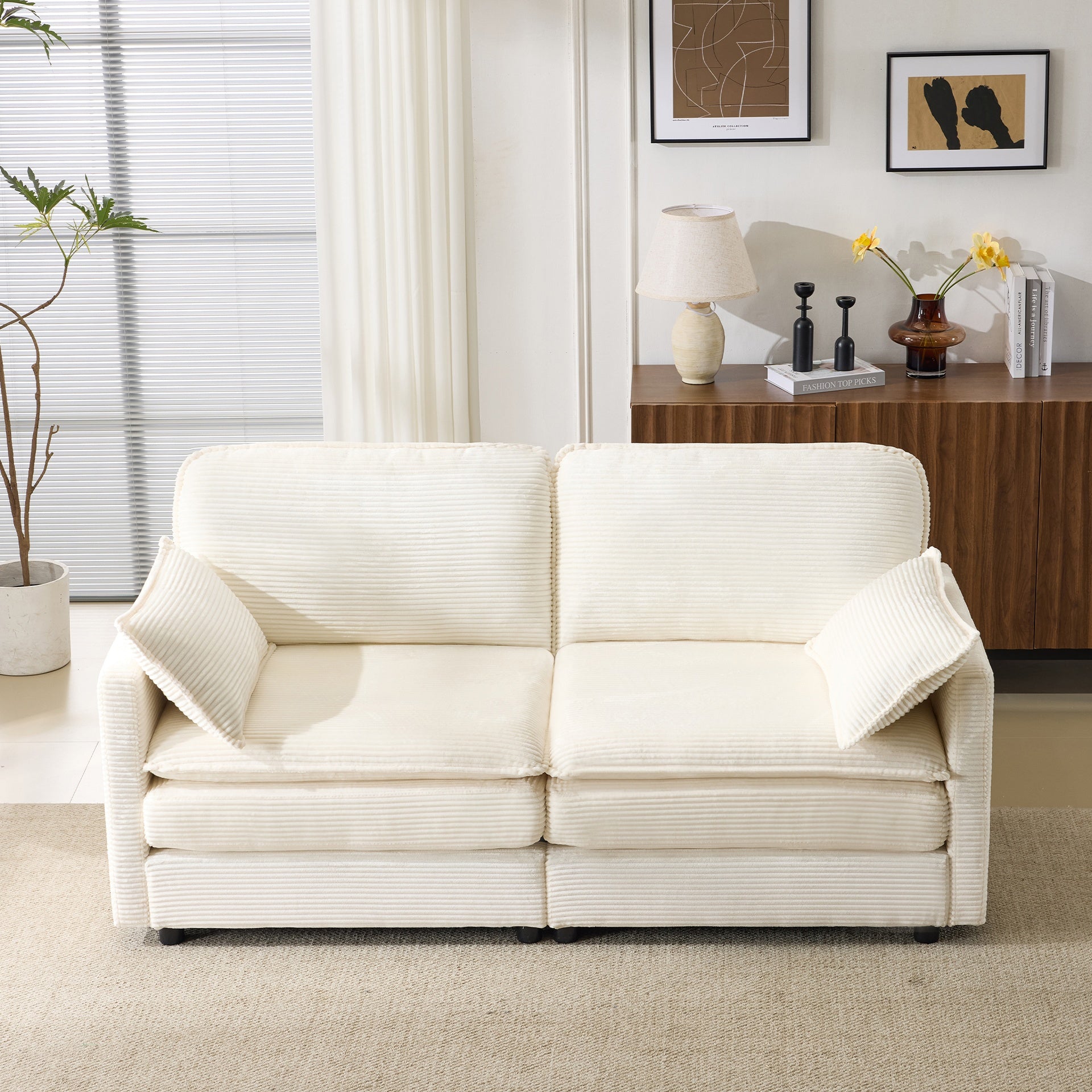 69" PLUSH CLOUD LOVESEAT: Modular 2-Seater Sectional Sofa with 22" Beige Chenille Cushions + 2 Throw Pillows - Compact Size for Apartment, Living Room, Bedroom (Beige)