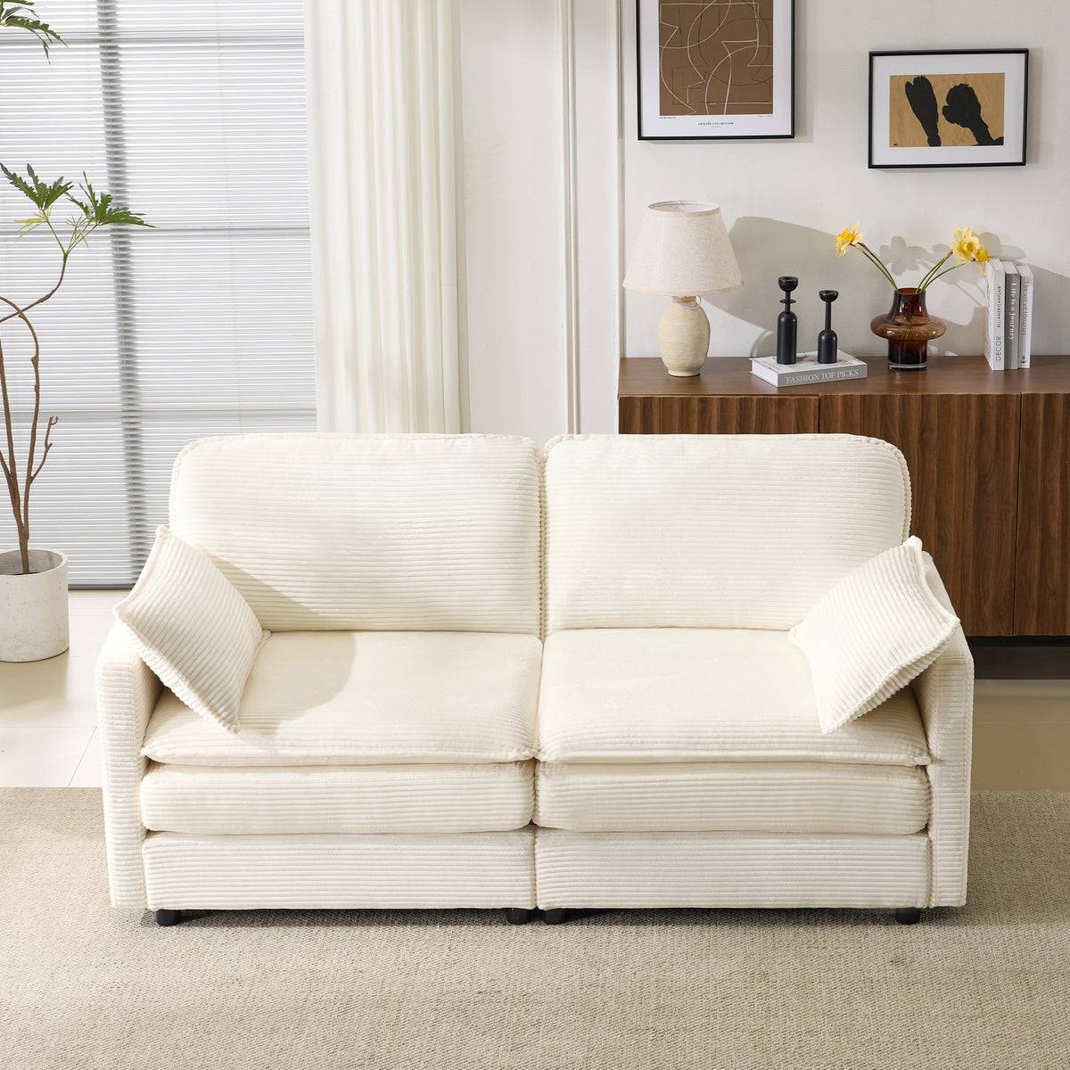 69" PLUSH CLOUD LOVESEAT: Modular 2-Seater Sectional Sofa with 22" Beige Chenille Cushions + 2 Throw Pillows - Compact Size for Apartment, Living Room, Bedroom (Beige)