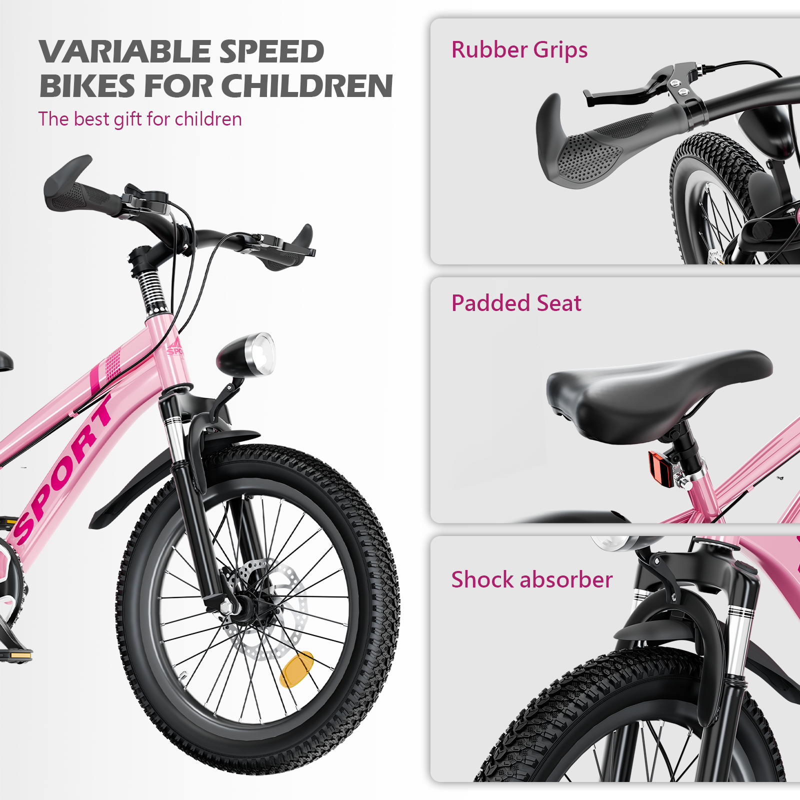 FKZNPJ 20 Inch Kids Mountain Bike for Boys & Girls Ages 7-12 – 7-Speed Gears, Dual Disc Brakes, Shock Absorber Front Fork, LED Light – Silver & Pink