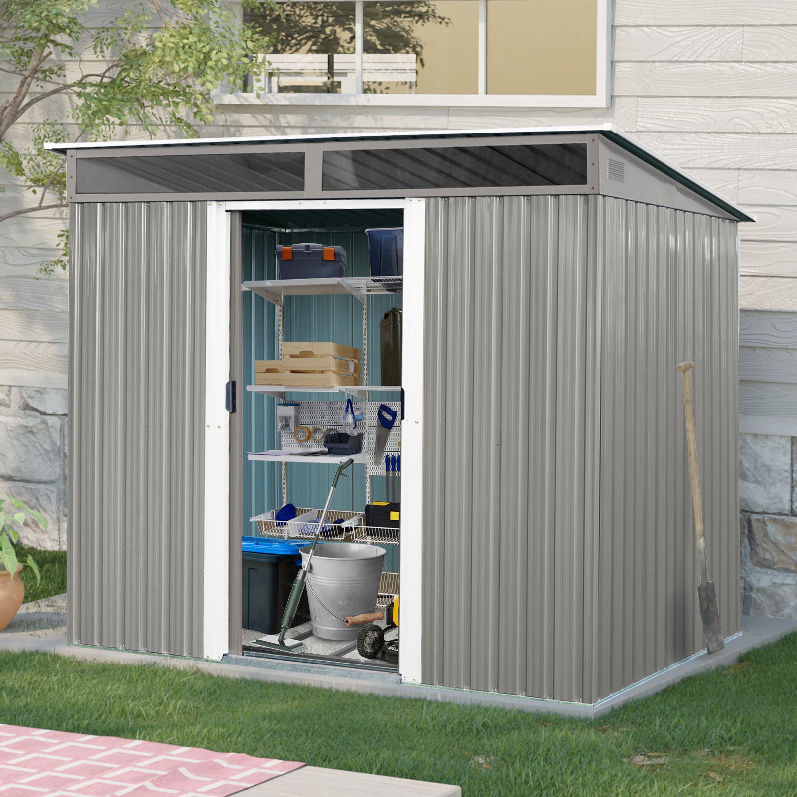 8ft x 6ft Outdoor Metal Storage with Lockable Sliding Doors and Transparent plate for Garden, Lawn (Gray)