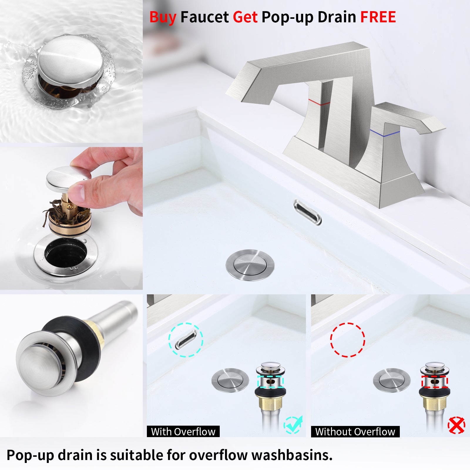 2-Handle Heavy Duty Bathroom Faucet with Drain and Supply Kits, Modern Style Lavatory Deck Mounted Faucet Brushed Nickel 4001-NP
