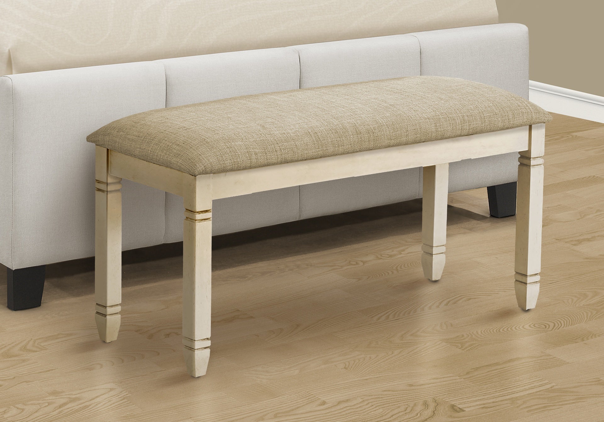 Bench, 41" Rectangular, Kitchen, Dining Room, Entryway, Bedroom, Upholstered, Wood, Antique White Solid Wood, Beige Linen-look Fabric, Transitional