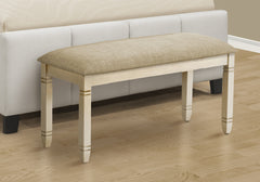 Bench, 41" Rectangular, Kitchen, Dining Room, Entryway, Bedroom, Upholstered, Wood, Antique White Solid Wood, Beige Linen-look Fabric, Transitional