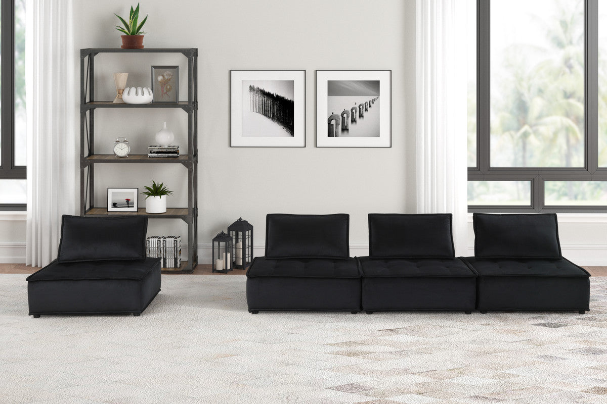 Aveline 120"W Black Velvet 4 Pc Modular Sofa