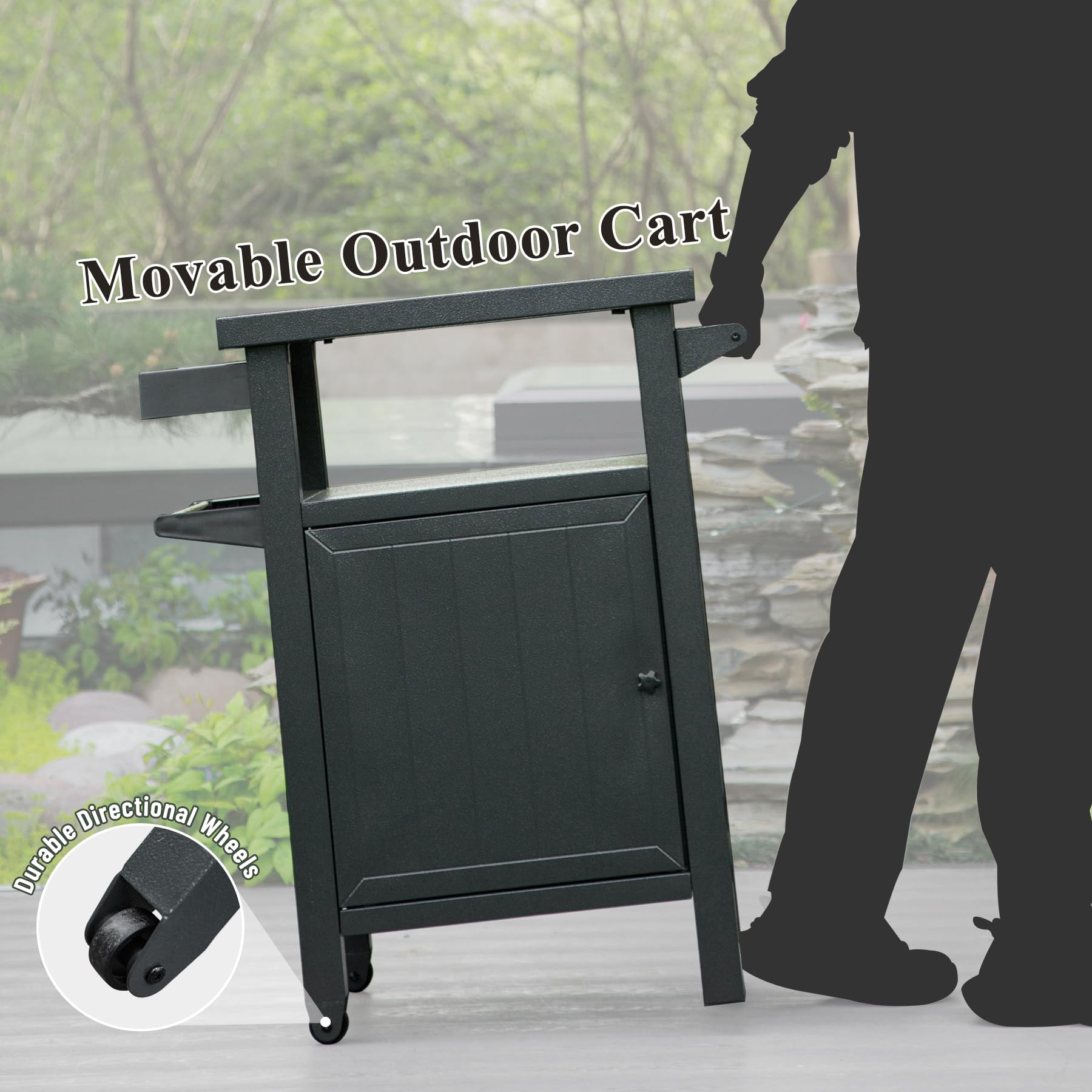 Grill Carts Outdoor with Storage and Wheels, Whole Metal Portable Table and Storage Cabinet for BBQ,Deck,Patio,Backyard(Dark Grey)