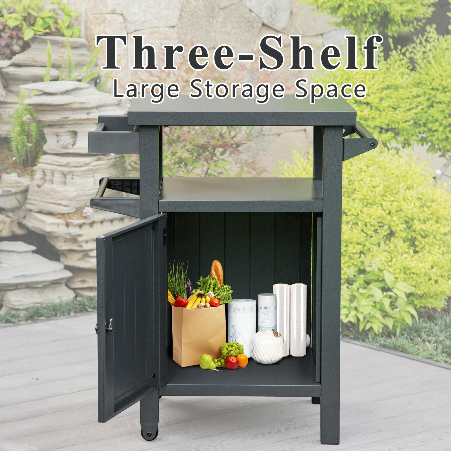 Grill Carts Outdoor with Storage and Wheels, Whole Metal Portable Table and Storage Cabinet for BBQ,Deck,Patio,Backyard(Dark Grey)