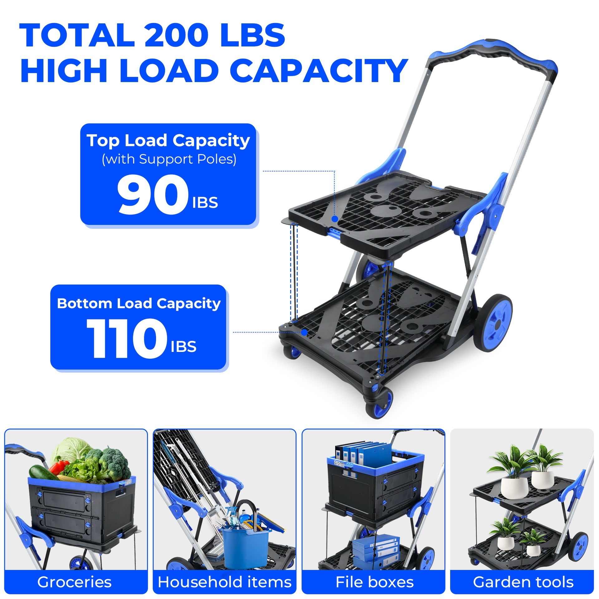 2-Tier Folding Cart  Multi Use Functional Collapsible carts  Shopping Trolley with Wheels  Shopping Cart with Storage Crate  Utility Cart for Groceries Warehouse Supermarket