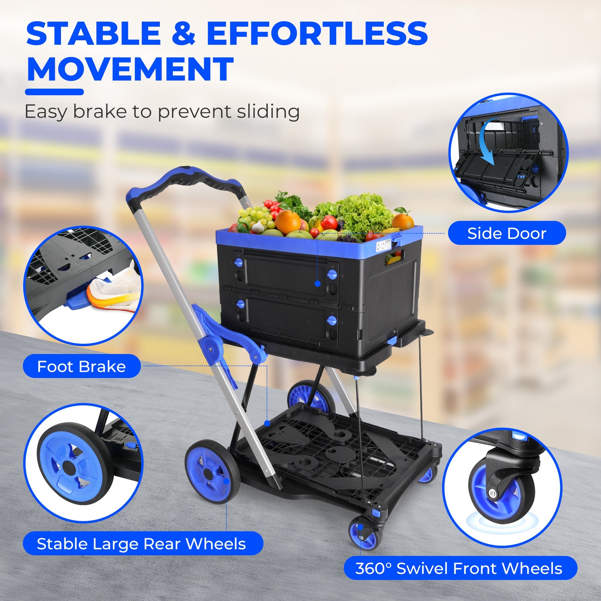 2-Tier Folding Cart  Multi Use Functional Collapsible carts  Shopping Trolley with Wheels  Shopping Cart with Storage Crate  Utility Cart for Groceries Warehouse Supermarket