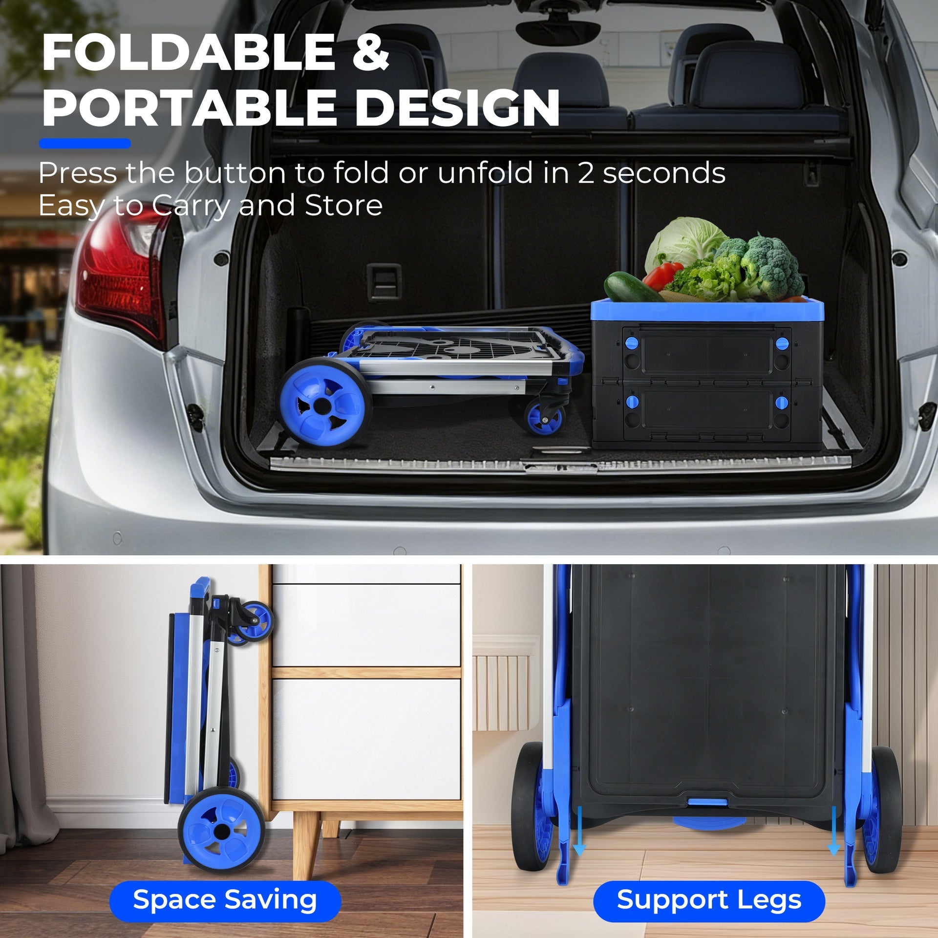 2-Tier Folding Cart  Multi Use Functional Collapsible carts  Shopping Trolley with Wheels  Shopping Cart with Storage Crate  Utility Cart for Groceries Warehouse Supermarket