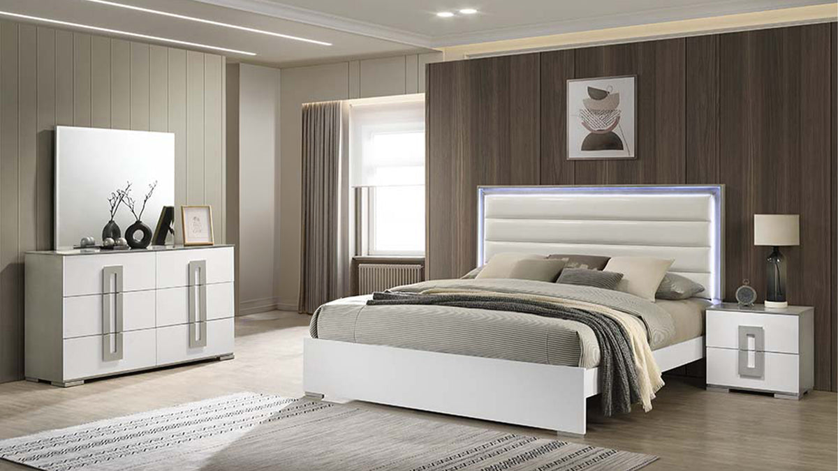 Olivia Contemporary Style 4 Pc Full Bedroom Set with LED Headboard Made with Wood in White (NJ Inventory)