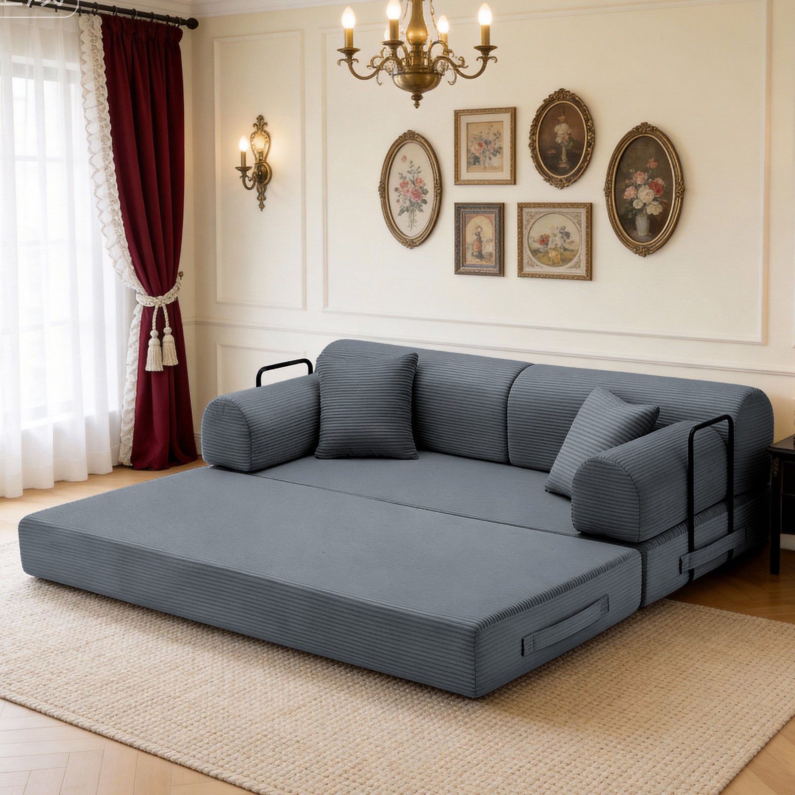 Convertible Sleeper Sofa Bed with Cylindrical Pillow, Corduroy Folding Mattress Couch with Fixed-Shape Frame, Floor Sofa Lounge Couch for Living Room Bedroom(Dark gray)
