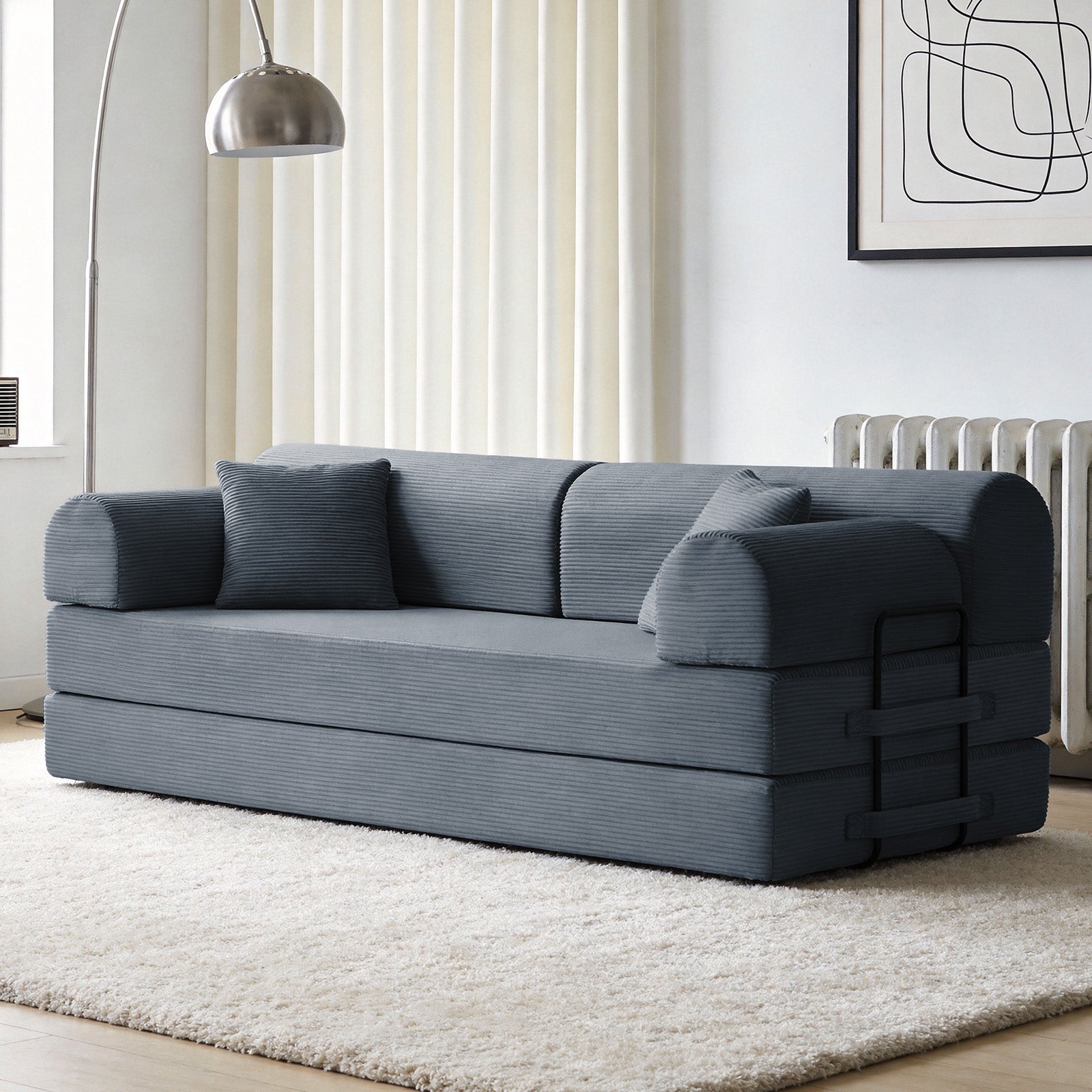 Convertible Sleeper Sofa Bed with Cylindrical Pillow, Corduroy Folding Mattress Couch with Fixed-Shape Frame, Floor Sofa Lounge Couch for Living Room Bedroom(Dark gray)