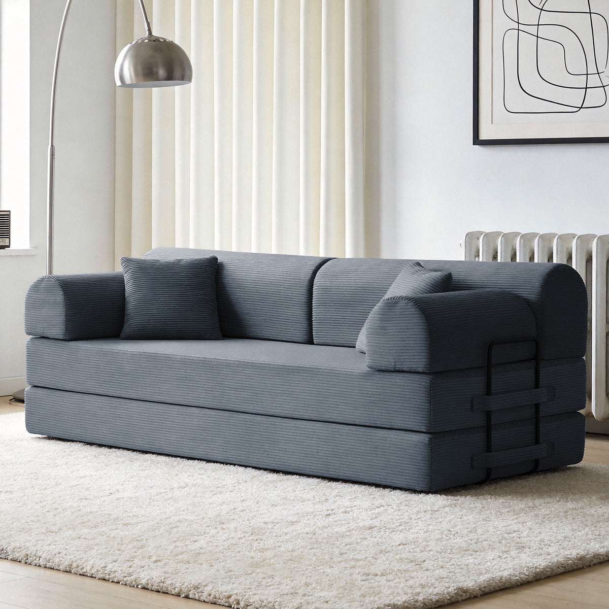 Convertible Sleeper Sofa Bed with Cylindrical Pillow, Corduroy Folding Mattress Couch with Fixed-Shape Frame, Floor Sofa Lounge Couch for Living Room Bedroom(Dark gray)
