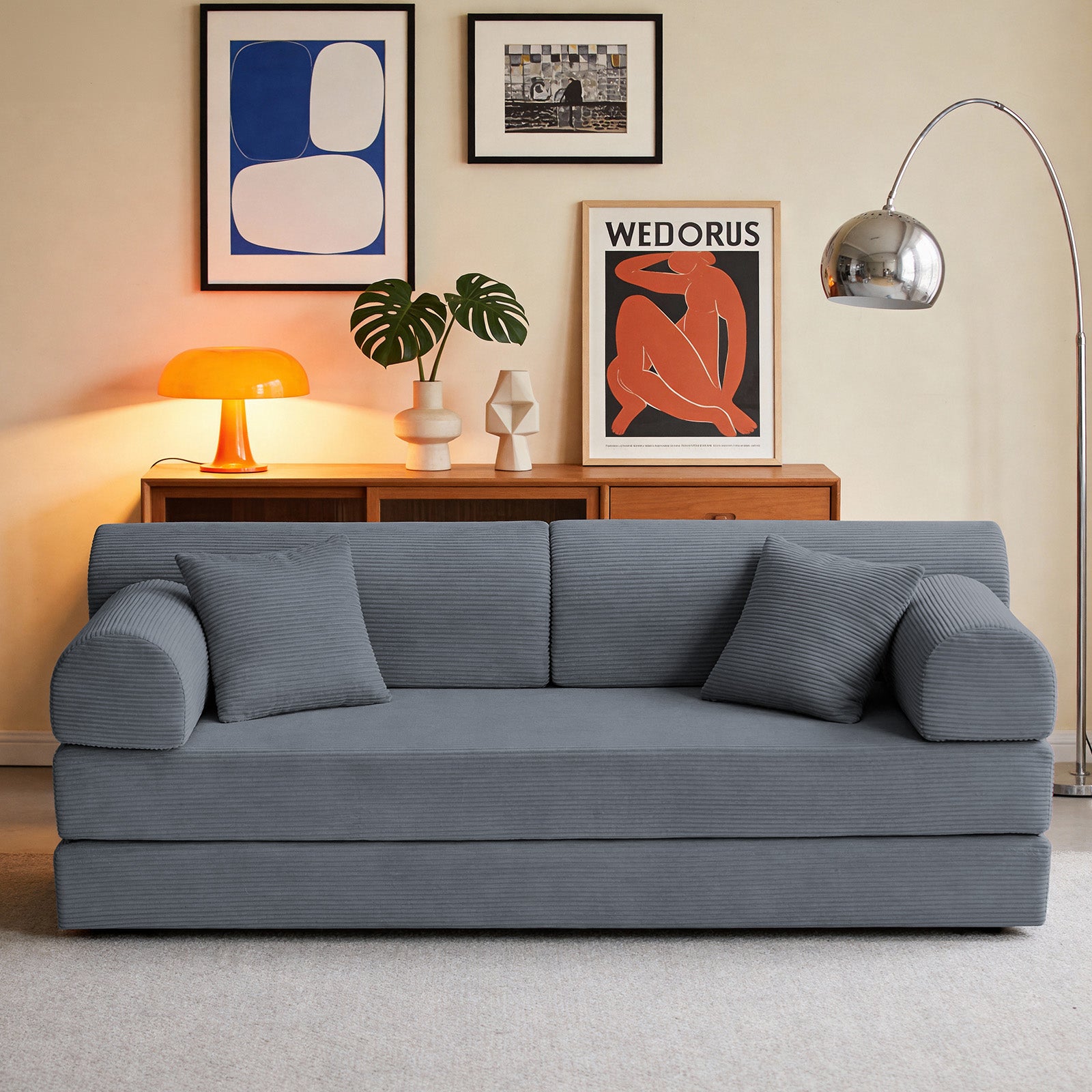 Convertible Sleeper Sofa Bed with Cylindrical Pillow, Corduroy Folding Mattress Couch with Fixed-Shape Frame, Floor Sofa Lounge Couch for Living Room Bedroom(Dark gray)