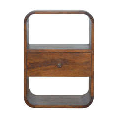 Solid Wood Chestnut Curved Edge Nightstand, 1-Drawer, 2 Open Slots
