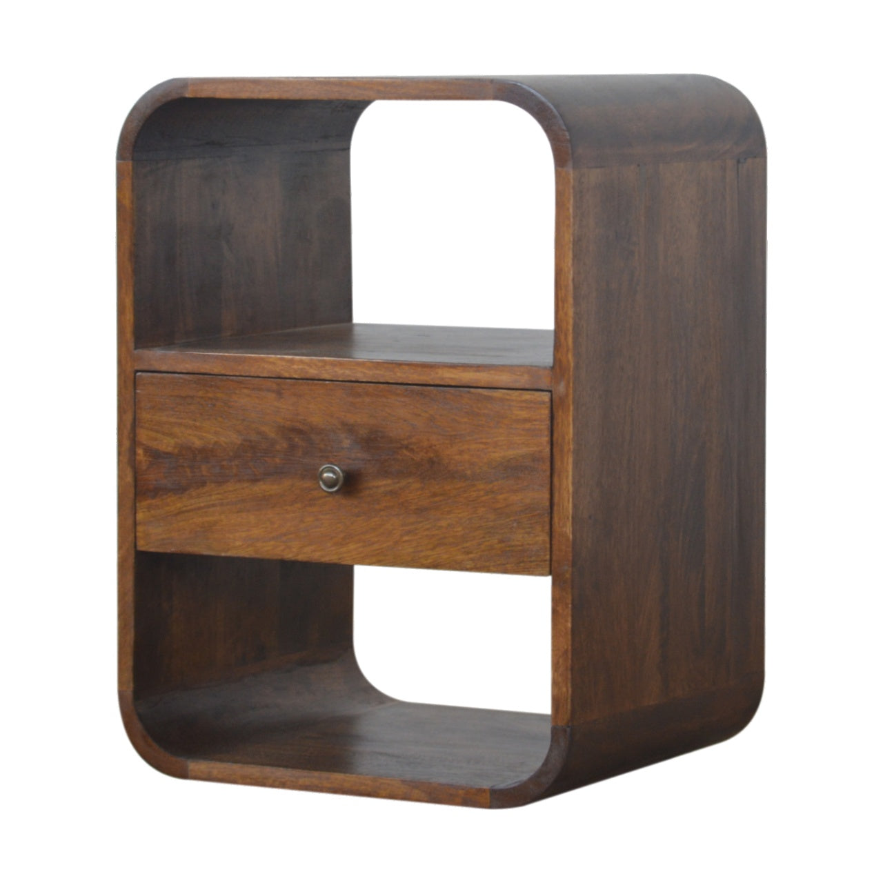 Solid Wood Chestnut Curved Edge Nightstand, 1-Drawer, 2 Open Slots