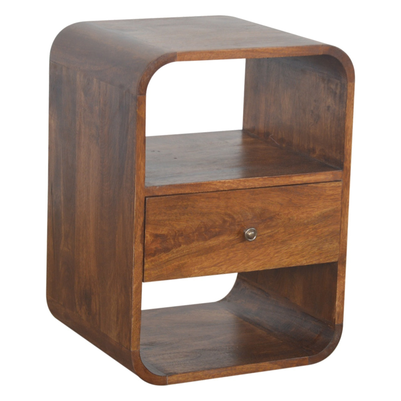 Solid Wood Chestnut Curved Edge Nightstand, 1-Drawer, 2 Open Slots