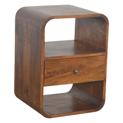 Solid Wood Chestnut Curved Edge Nightstand, 1-Drawer, 2 Open Slots