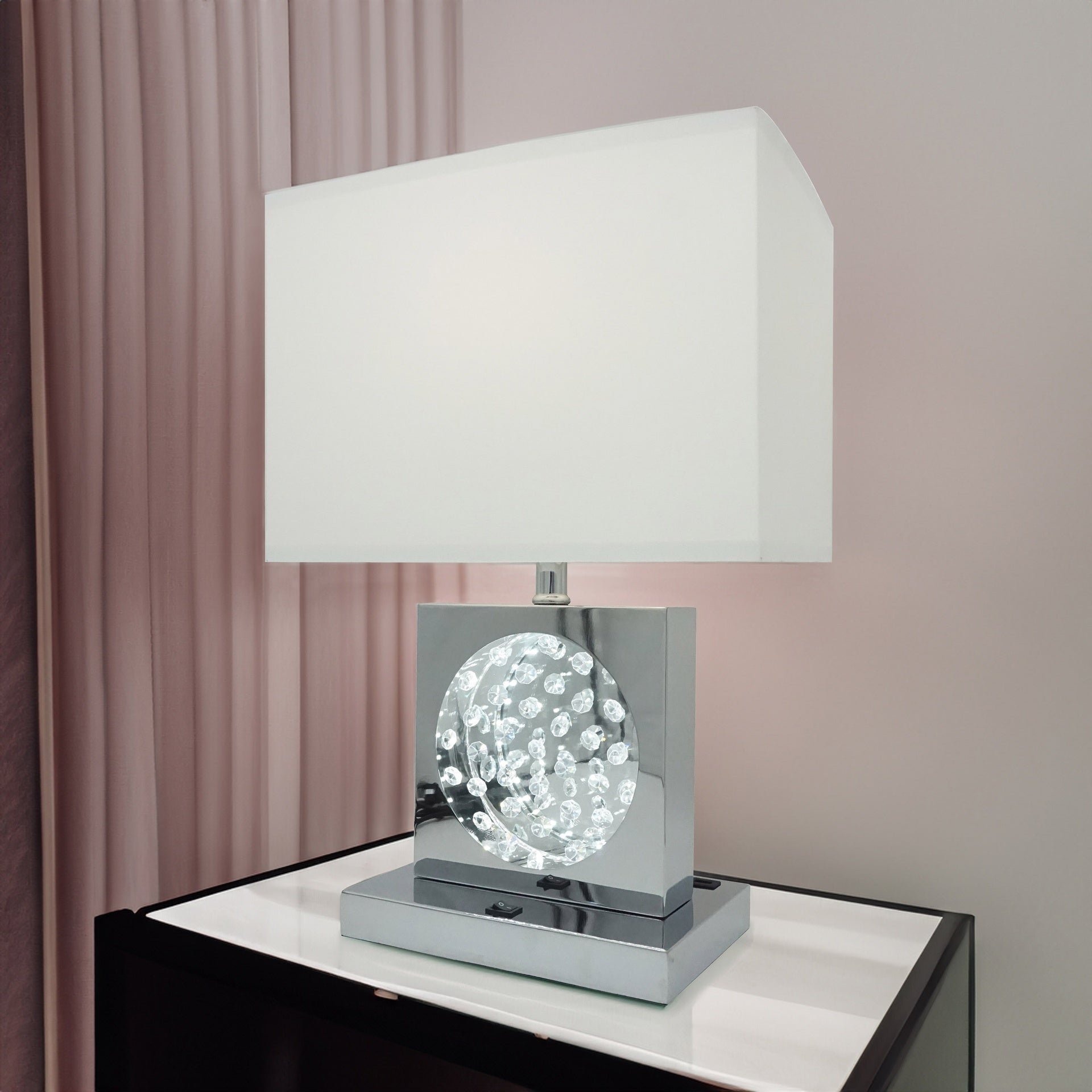1pc Luxury Crystal Accent Table Lamp Nickel Led Light Touch Lamp Rectangular Shade Chrome Color Finish