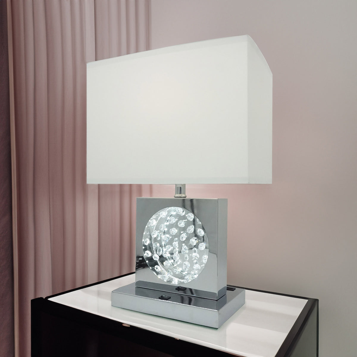 1pc Luxury Crystal Accent Table Lamp Nickel Led Light Touch Lamp Rectangular Shade Chrome Color Finish