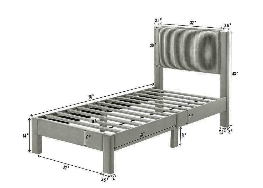 1pc Contemporary Plush Upholstered Headboard Ribbed Texture Low-profile Frame Unobtrusive Legs Youth Kids Twin Platform Bed Light Gray Bedroom Furniture