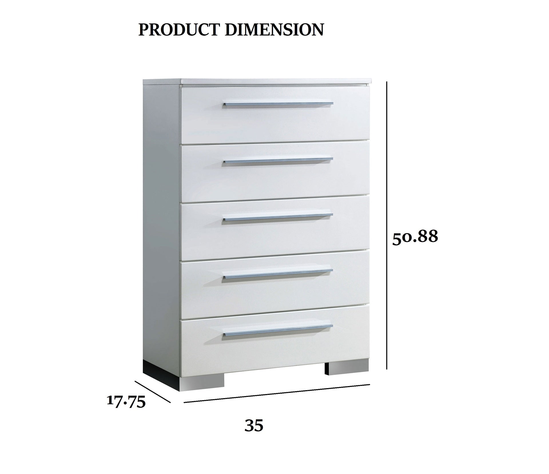 Contemporary Style 1pc Chest Five English Dovetail Drawers Chrome Handle And Feet Metal Ball Bearing Glides High Gloss Coating Glossy White Finish
