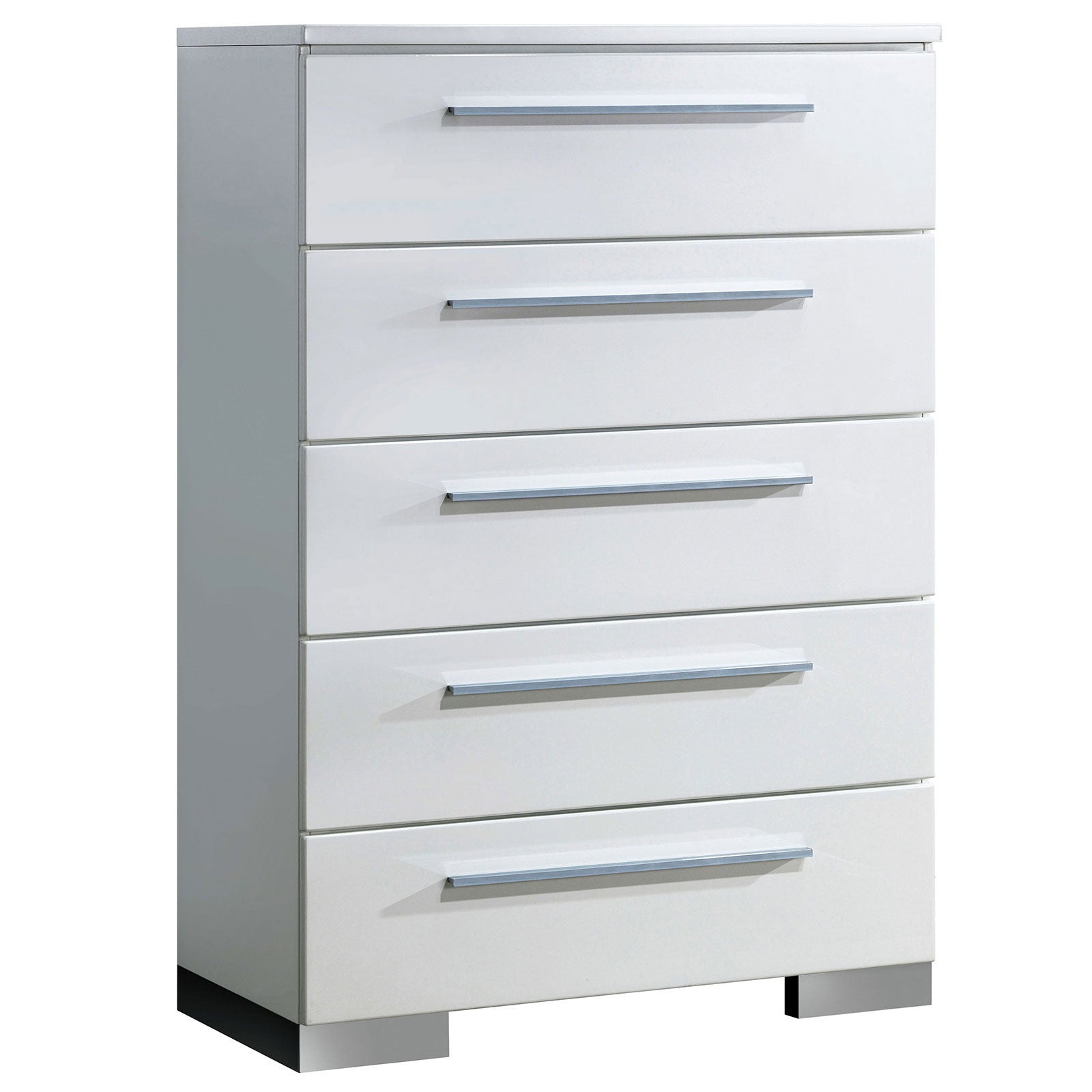 Contemporary Style 1pc Chest Five English Dovetail Drawers Chrome Handle And Feet Metal Ball Bearing Glides High Gloss Coating Glossy White Finish