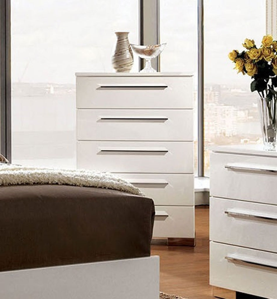 Contemporary Style 1pc Chest Five English Dovetail Drawers Chrome Handle And Feet Metal Ball Bearing Glides High Gloss Coating Glossy White Finish