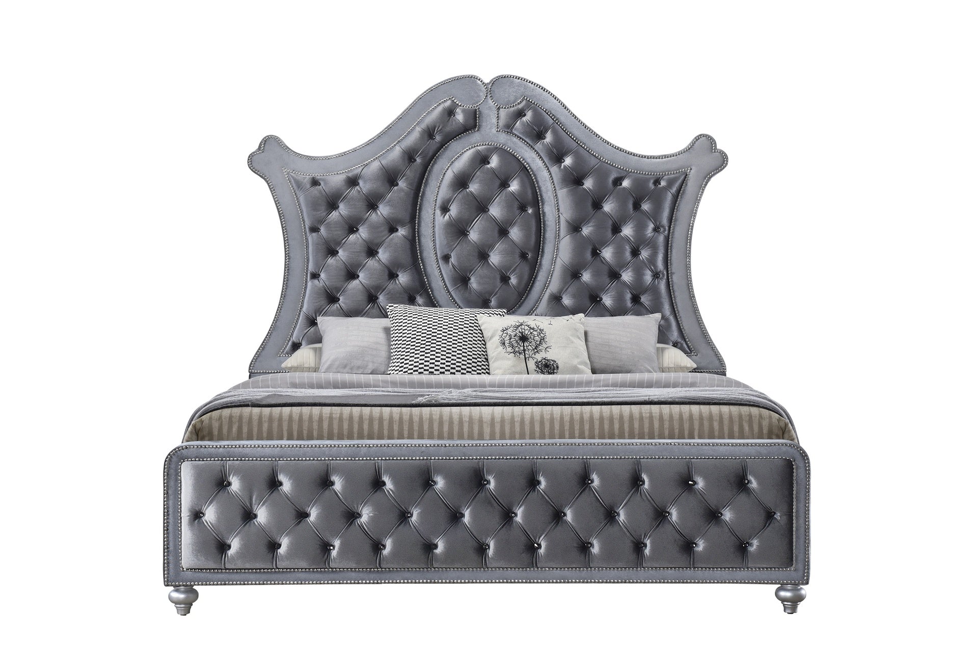 1pc Queen Panel Bed Tufted Headboard Luxurious Upholstery and Intricate Nailhead Trim Diamond-patterned Tufted Accent Modern Luxury Gray Silver