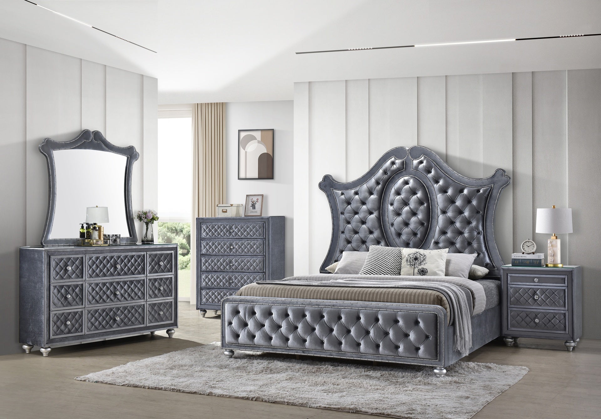 1pc Queen Panel Bed Tufted Headboard Luxurious Upholstery and Intricate Nailhead Trim Diamond-patterned Tufted Accent Modern Luxury Gray Silver