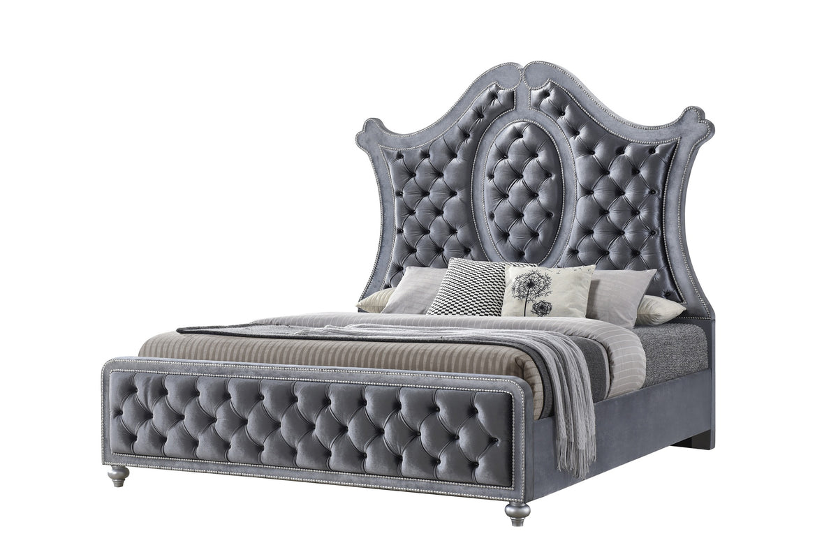 1pc Queen Panel Bed Tufted Headboard Luxurious Upholstery and Intricate Nailhead Trim Diamond-patterned Tufted Accent Modern Luxury Gray Silver