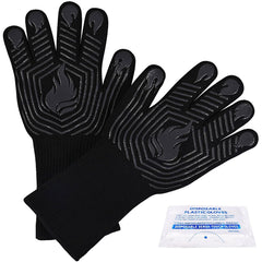 BBQ Gloves, 1472°F Heat Resistant Fireproof Mitts, Silicone Non-Slip Washable Oven Kitchen Gloves for Barbecue, Grilling, Cooking, Baking, Camping, Smoker (Black)