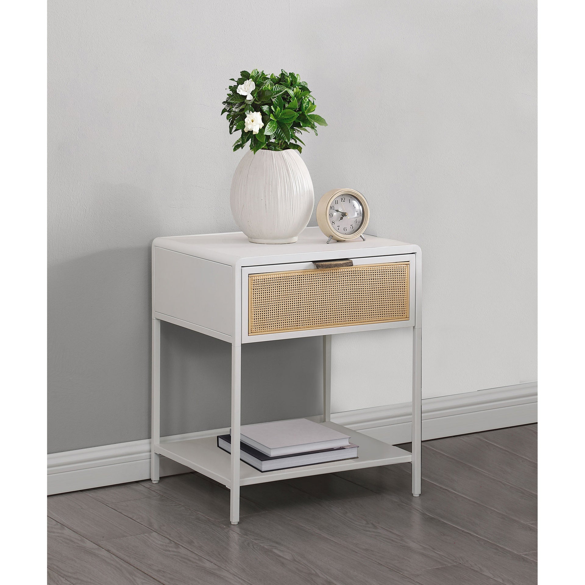 Duncan White 1-drawer Radio Weave Cane Metal Bedside Table