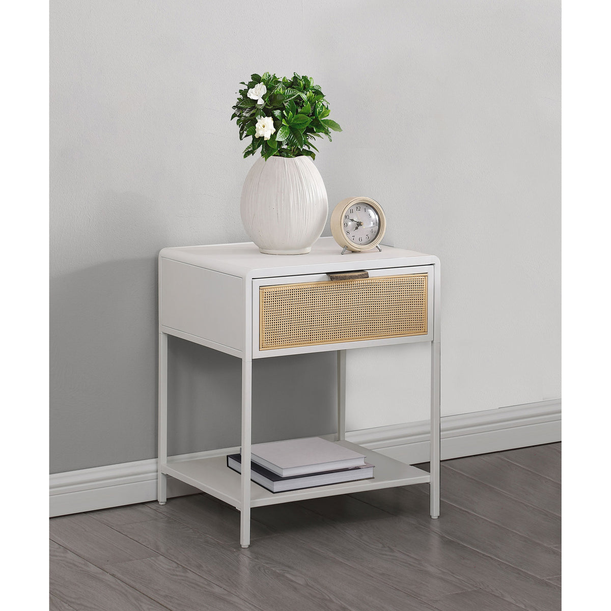 Duncan White 1-drawer Radio Weave Cane Metal Bedside Table