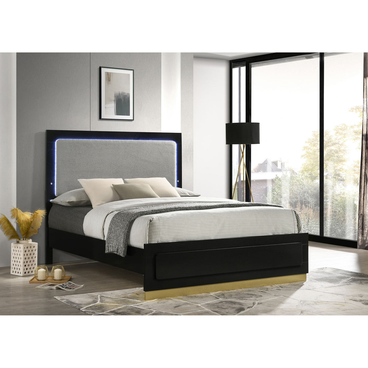 Sophia Black Wood Queen LED Panel Bed