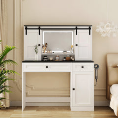 Farmhouse Dressing Table Makeup Table, 43" Wide Dressing Table with Lighted Mirror and Makeup Drawer, Large Modern Dressing Table Set with Hair Dryer Holder for Bedroom, White