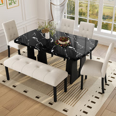 6 Piece Modern Dining Table Set, 63" Faux Marble Dining Table with Geometric Legs & 4 Upholstered Chairs & 1 Bench, Suitable for Dining Kitchen Room,Easy to Assemble, Beige+Black